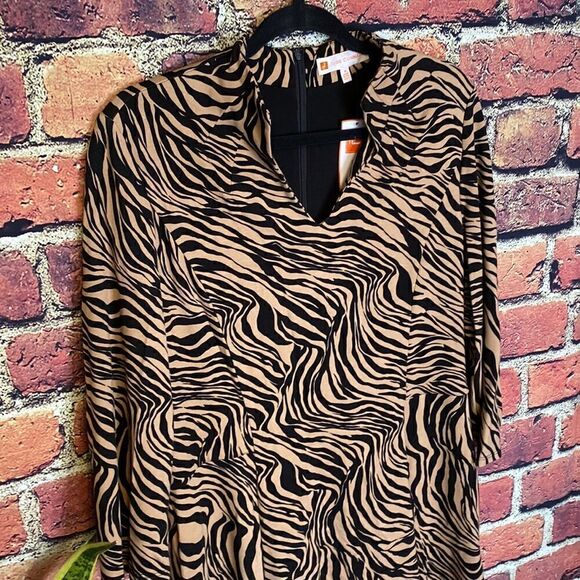 Jude Connally Black Tan Animal Print Stretch Midi Oversized Dress Size M - Picture 4 of 16
